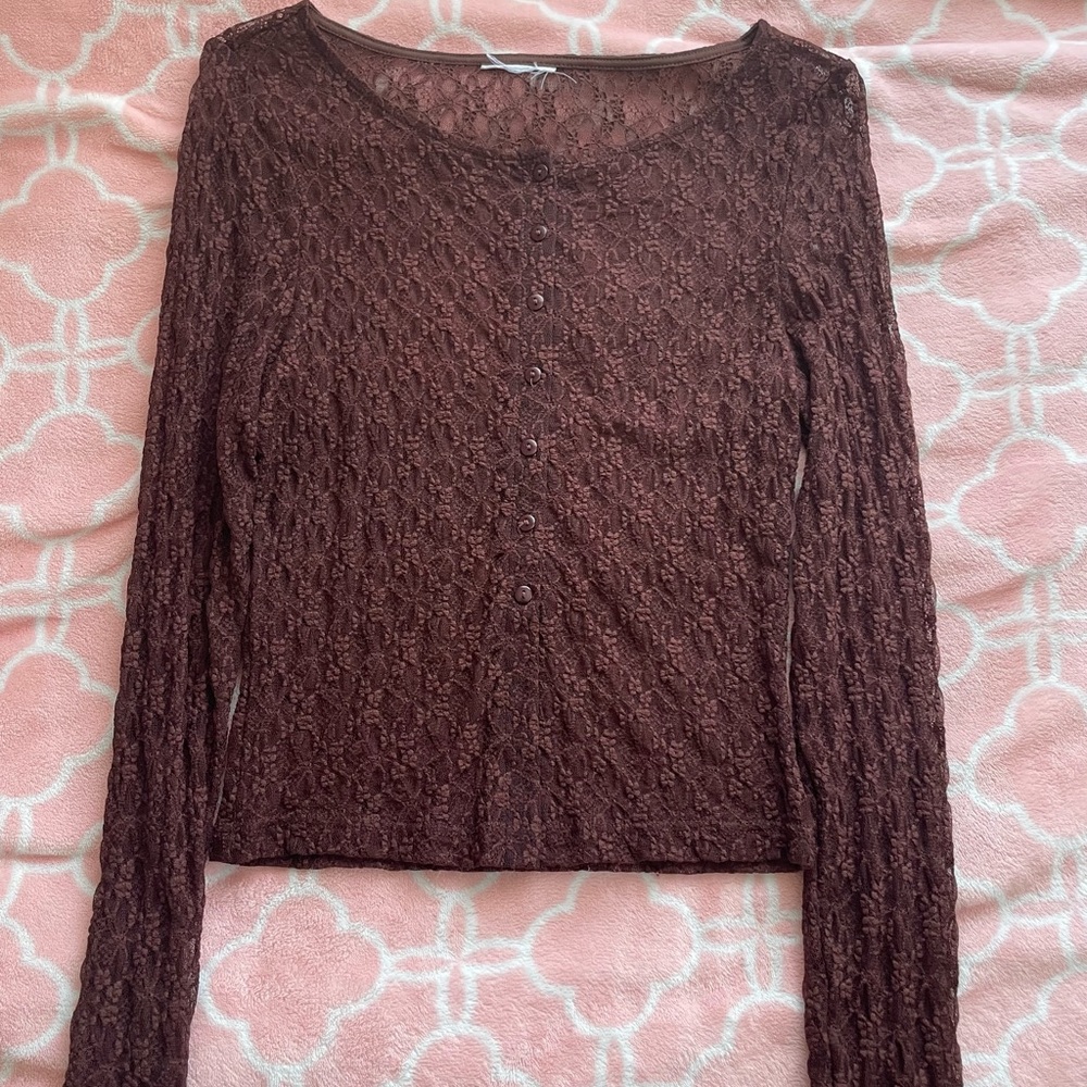 Brown Lace Button Down Shirt